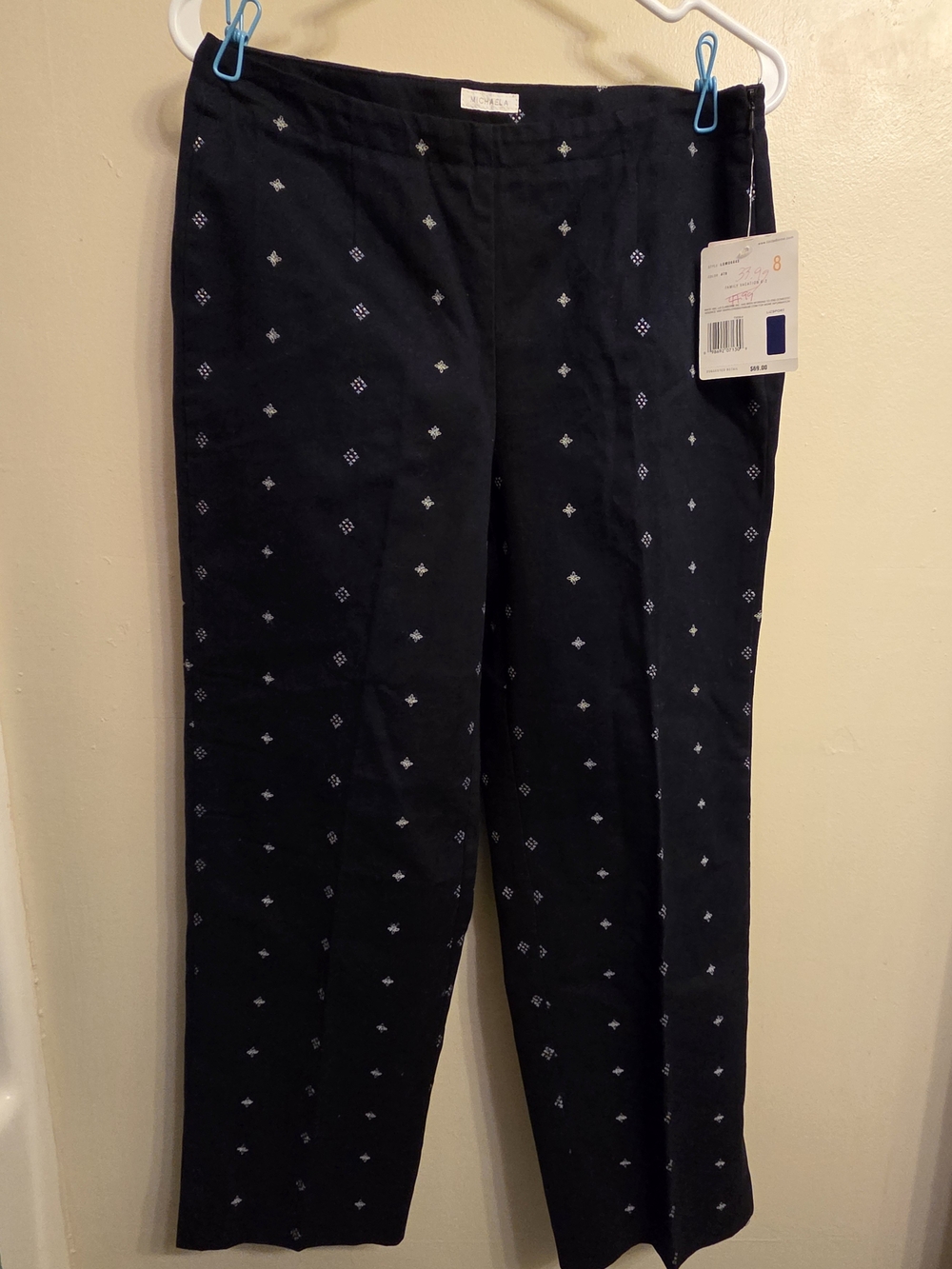 NWT Liz Claiborne Michaela Navy Embroidered Cropped Ankle Pants Cotton Size 8